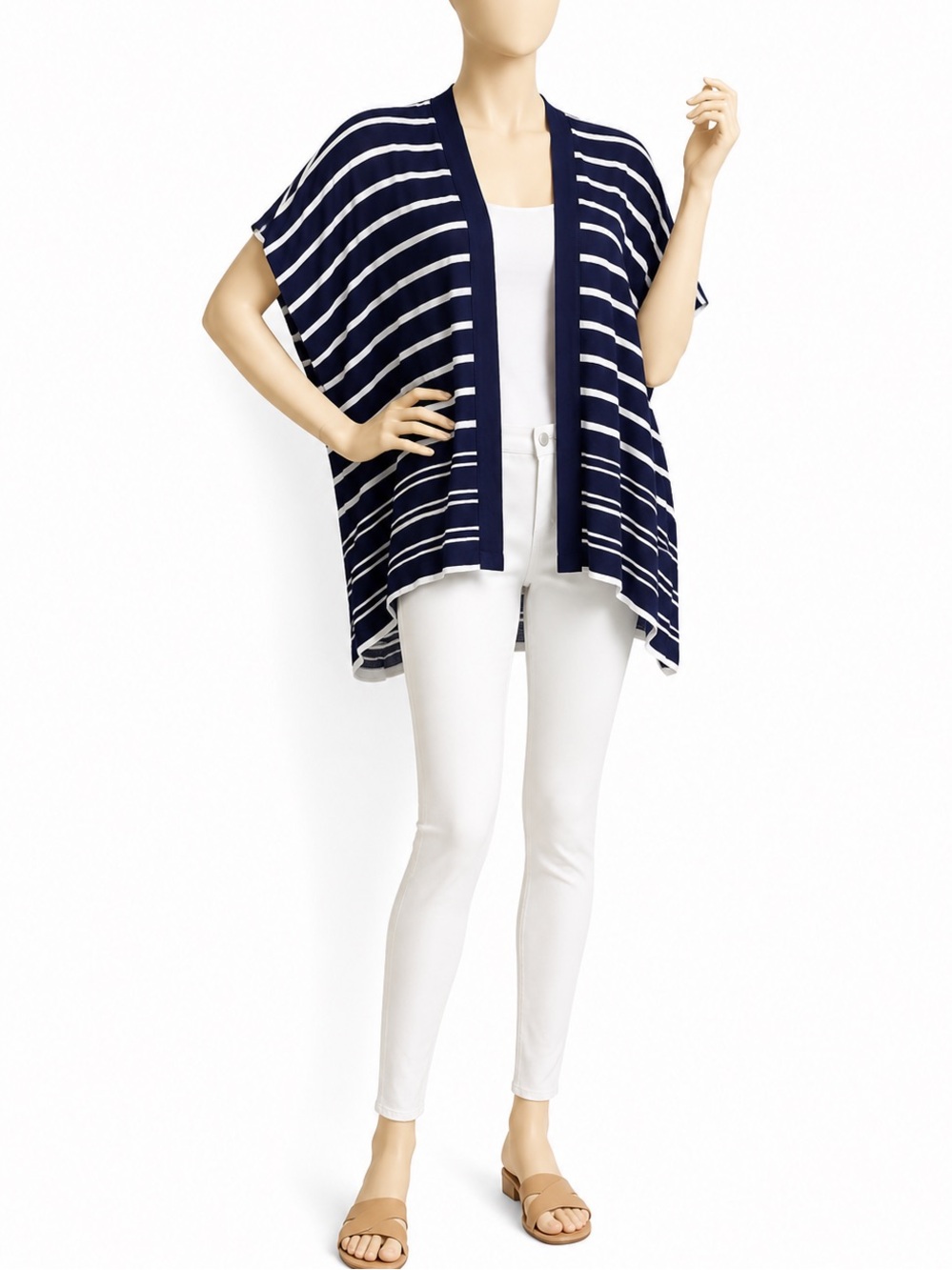 LOFT Kimono Nautical Navy and White Striped Open-Front Cardigan